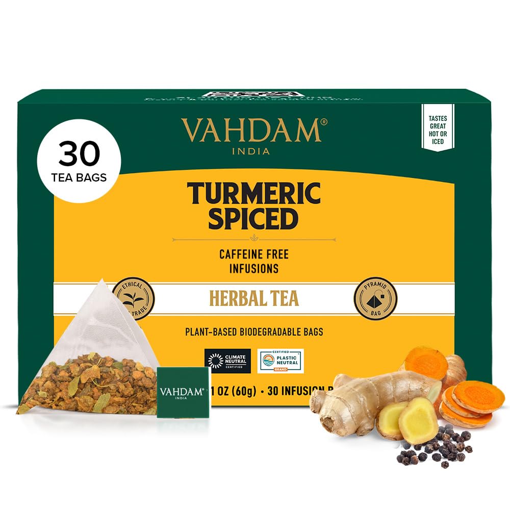 VAHDAM front packaging showing turmeric spice tea and freshness benefit