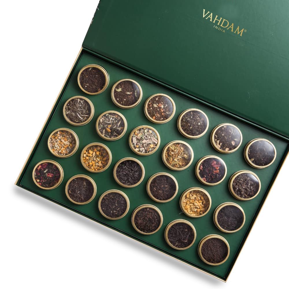 VAHDAM front packaging showing premium gift box and 24 tins, elegant presentation benefit
