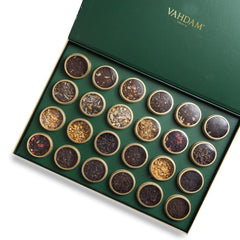 VAHDAM front packaging showing premium gift box and 24 tins, elegant presentation benefit