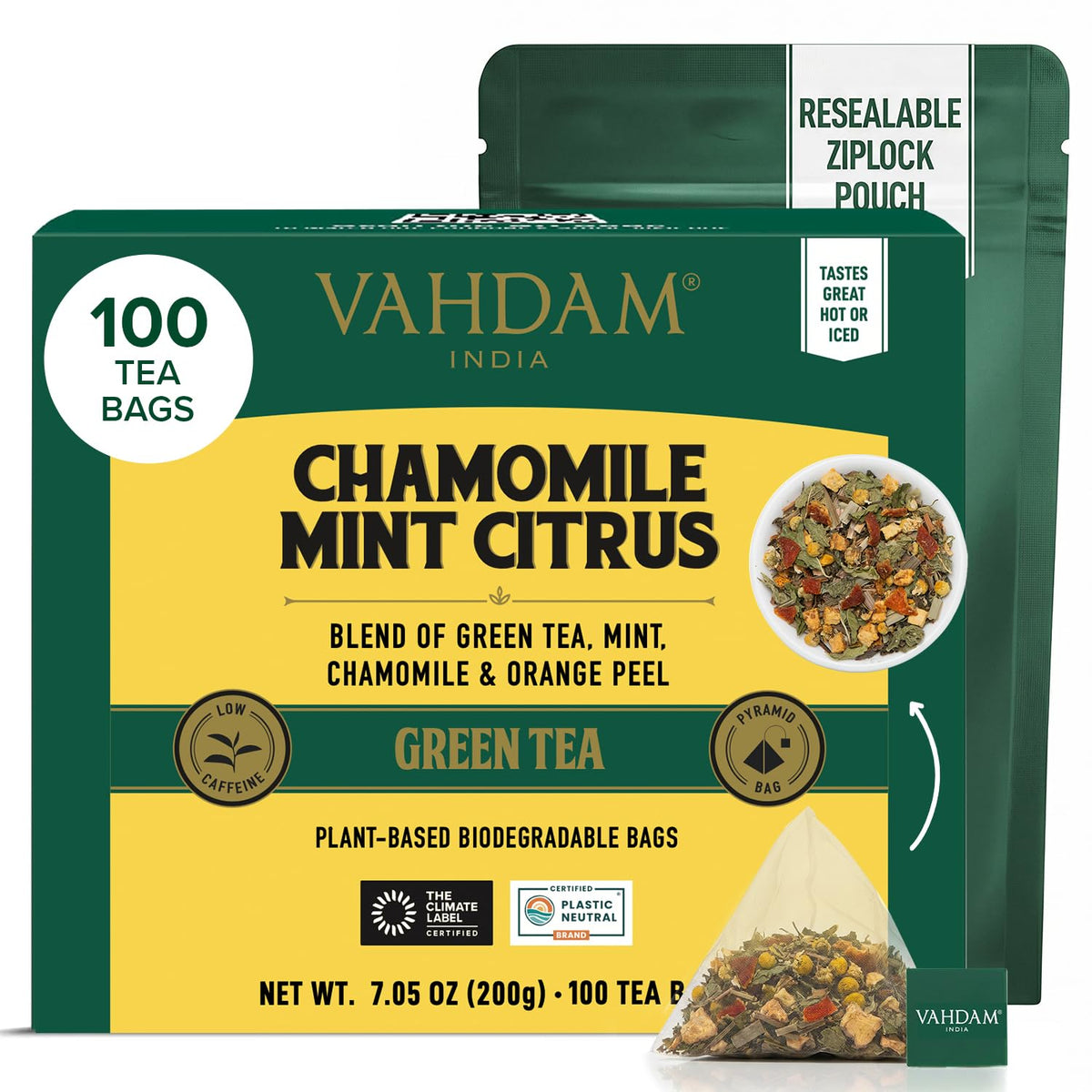 VAHDAM front pouch showing chamomile mint citrus tea and freshness benefit
