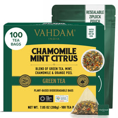 VAHDAM front pouch showing chamomile mint citrus tea and freshness benefit