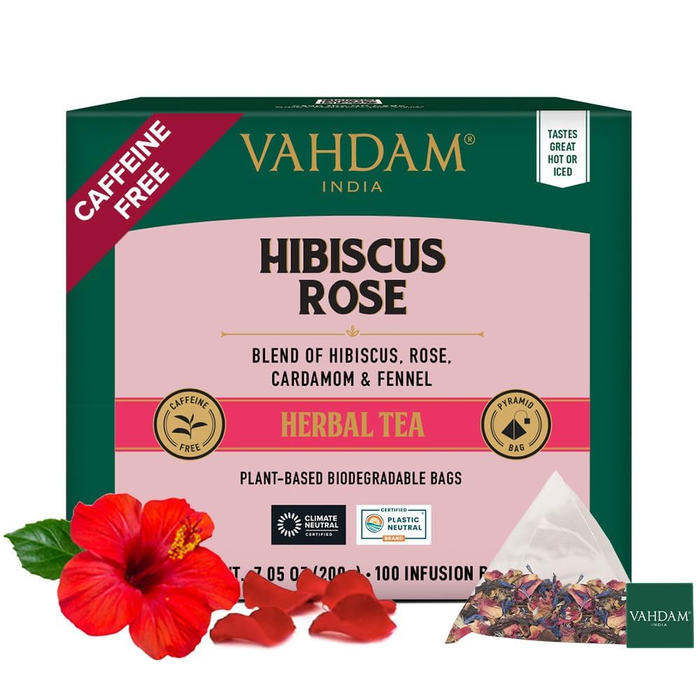 VAHDAM front pouch showing hibiscus rose branding and fresh aroma benefit