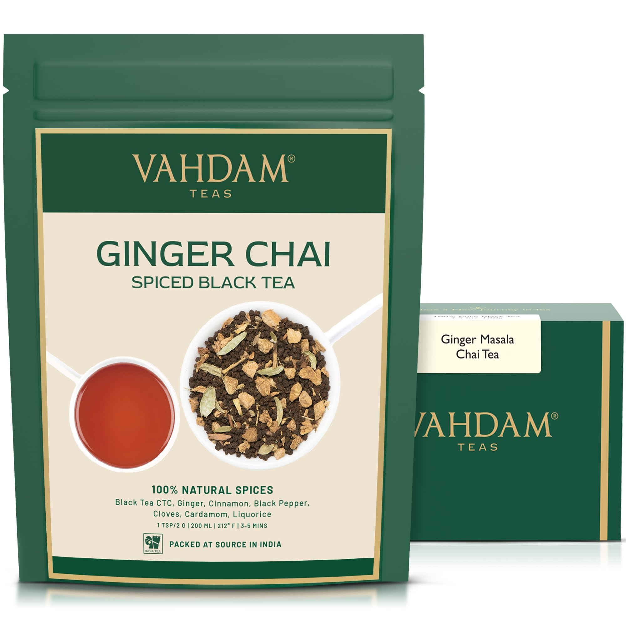 VAHDAM front packaging showing tea pouch and brand for freshness