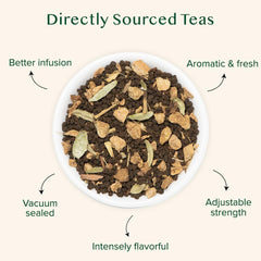 VAHDAM loose-leaf close-up showing whole leaves and spice fragments
