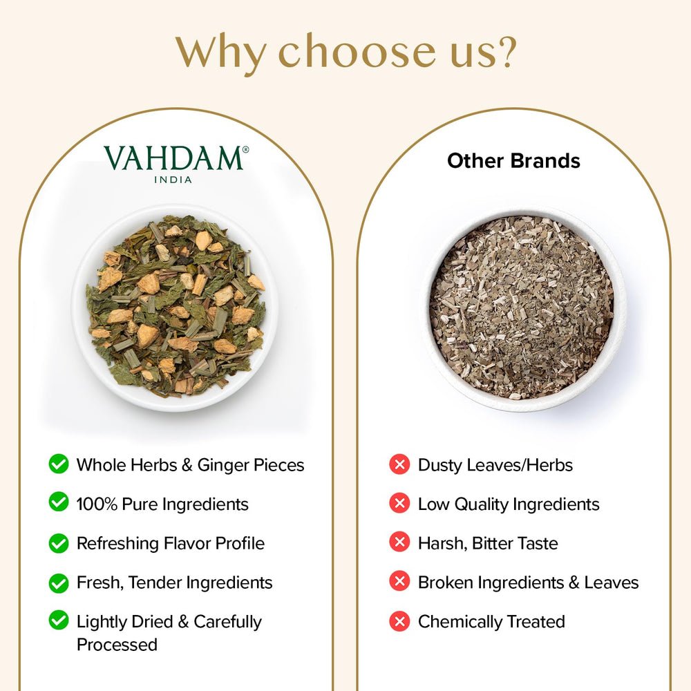VAHDAM brewed cup with steam showing bright color and inviting aroma