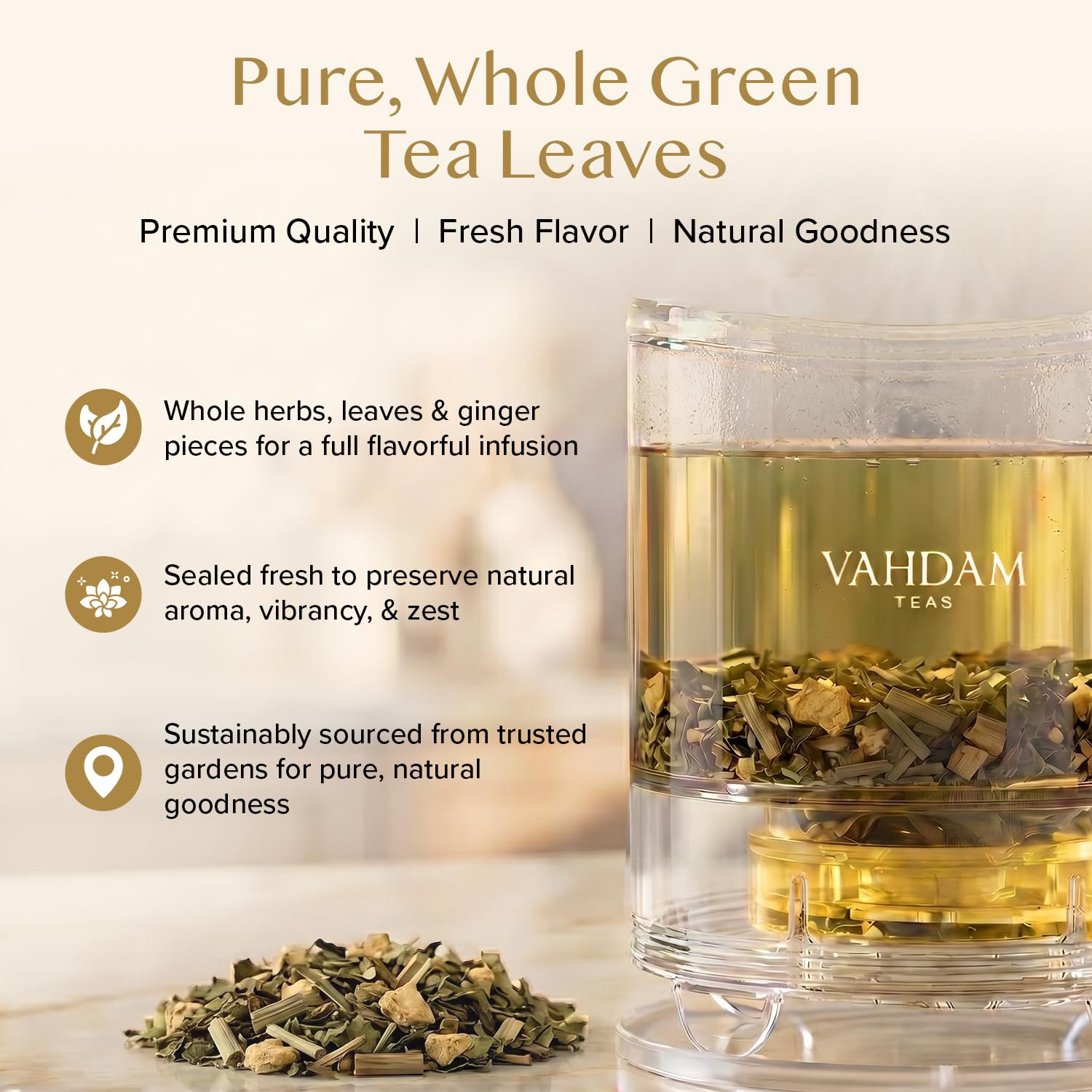 VAHDAM loose green leaves with ginger and mint showing whole-leaf quality