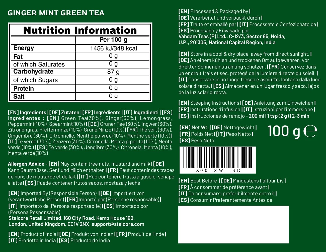 VAHDAM pouch beside teaspoon showing 3.5oz pouch yield and serving scale