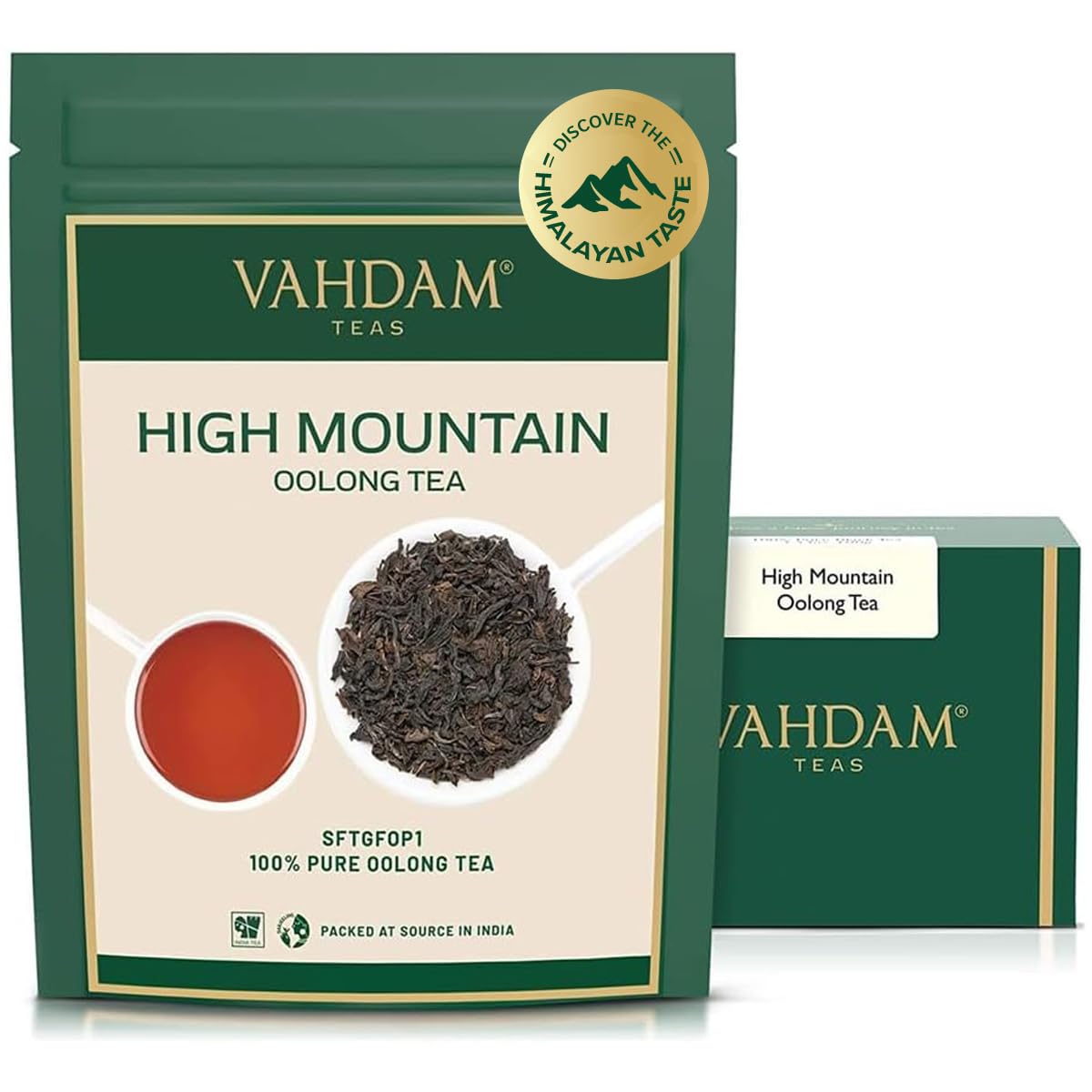 VAHDAM front pouch showing high mountain oolong and resealable pack, preserves freshness