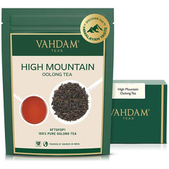 VAHDAM front pouch showing high mountain oolong and resealable pack, preserves freshness