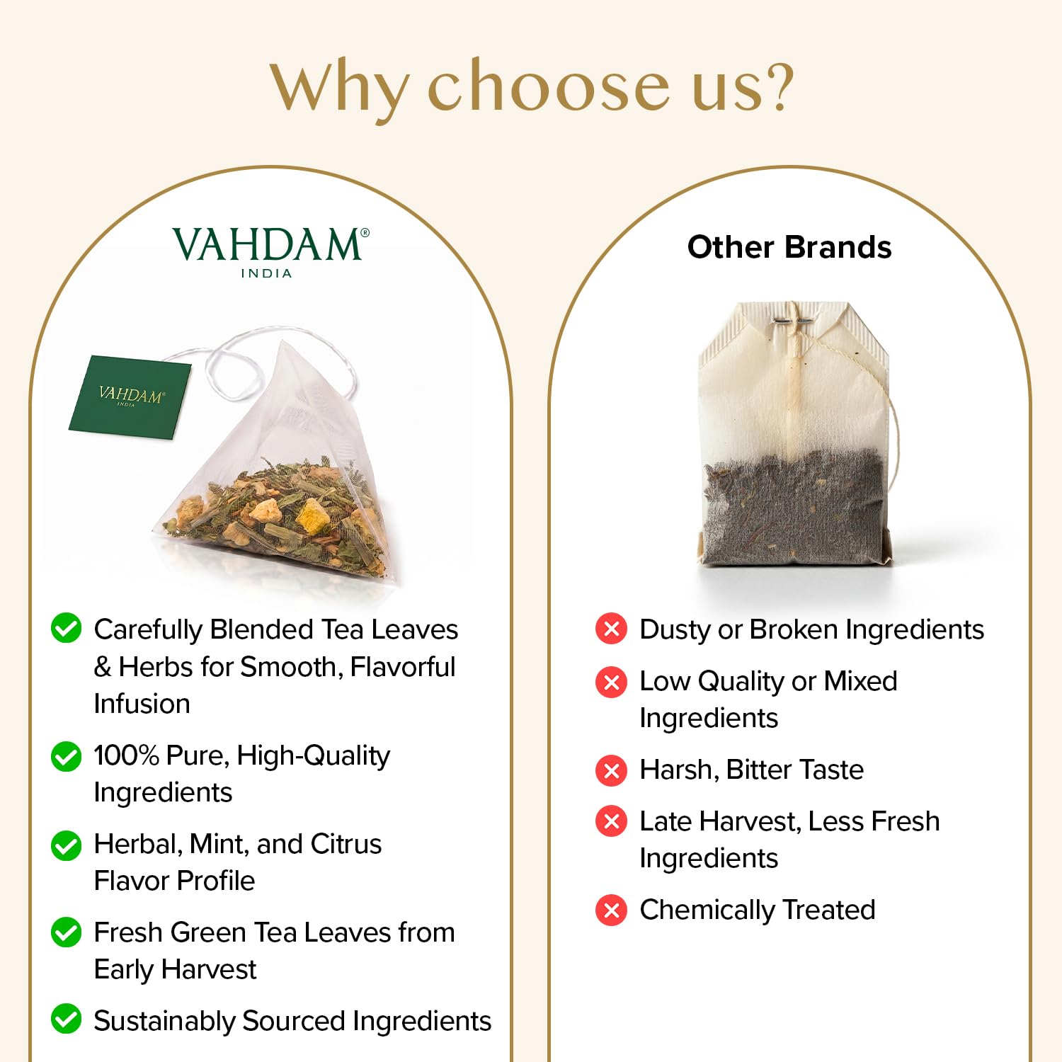 VAHDAM individually wrapped sachets arranged to show portability and preserved aroma