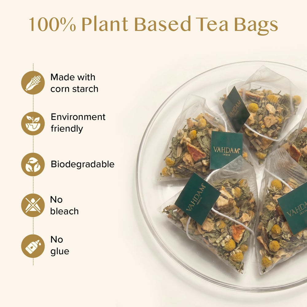 VAHDAM fresh chamomile, mint, and orange peel ingredients conveying natural flavor