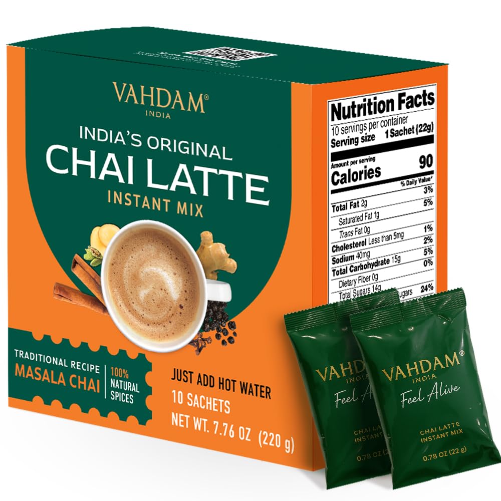 VAHDAM front box showing instant chai latte sachets and quick convenience