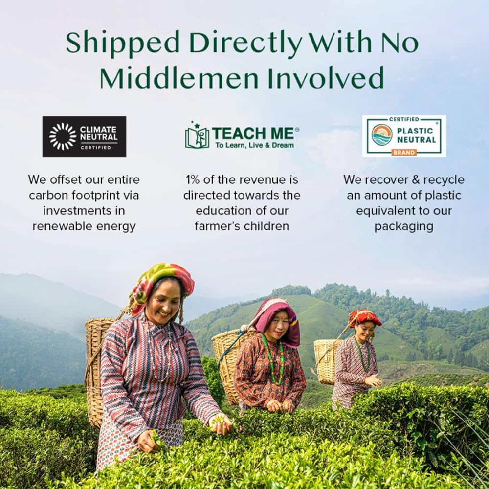 VAHDAM product label highlighting fair-trade and sustainability benefits
