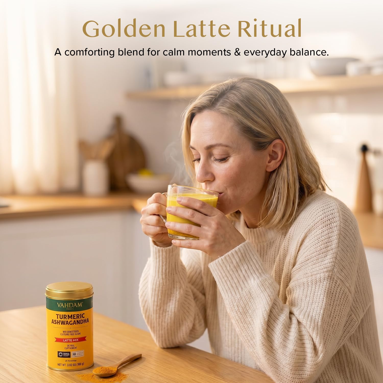 VAHDAM open jar with spoon showing scoopable latte powder for easy preparation
