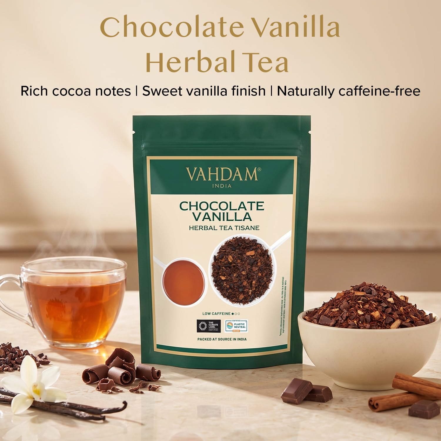 VAHDAM chocolate vanilla latte with foam demonstrating creamy beverage versatility benefit