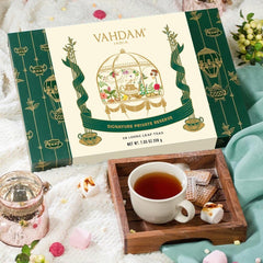 VAHDAM loose-leaf detail showing tea leaves texture and aroma benefit