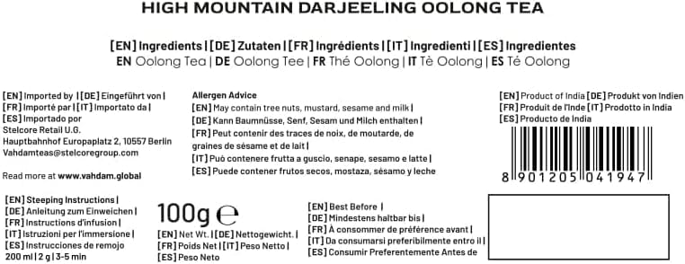 VAHDAM label close-up showing origin and pack details, assures traceability