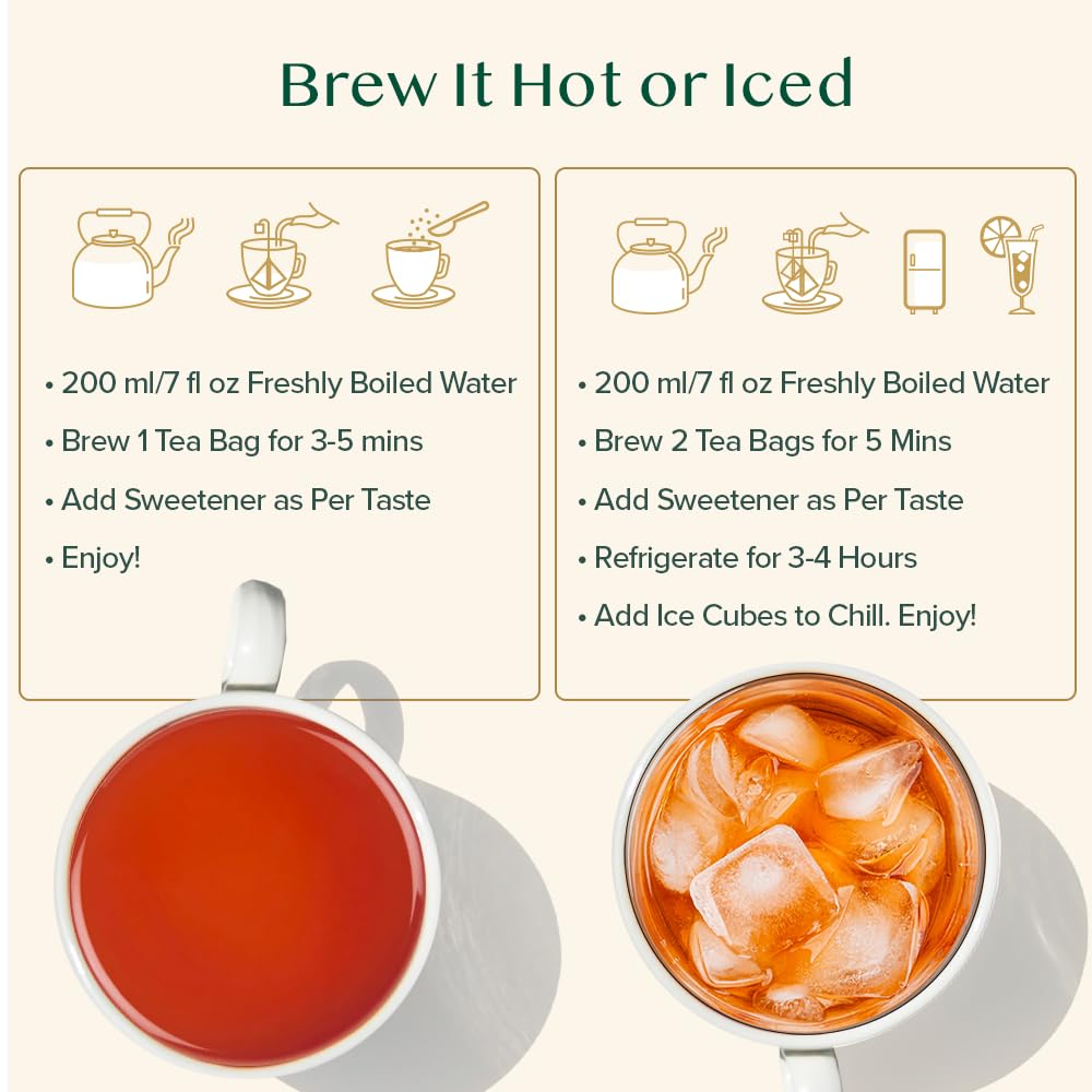 VAHDAM tea size next to cup showing portion scale and convenience benefit