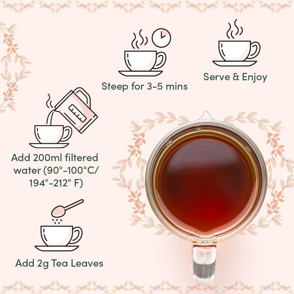 VAHDAM serving in cup with brewed tea, clear infusion color benefit