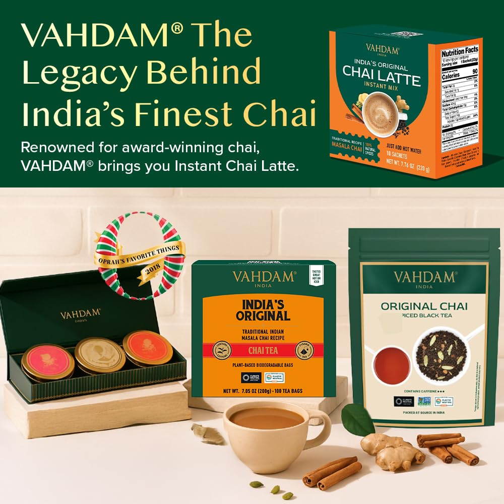 VAHDAM sachet beside standard mug to show size and portion control
