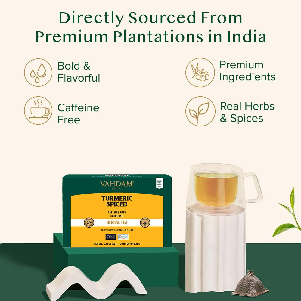 VAHDAM steaming cup of turmeric tea demonstrating comforting warmth