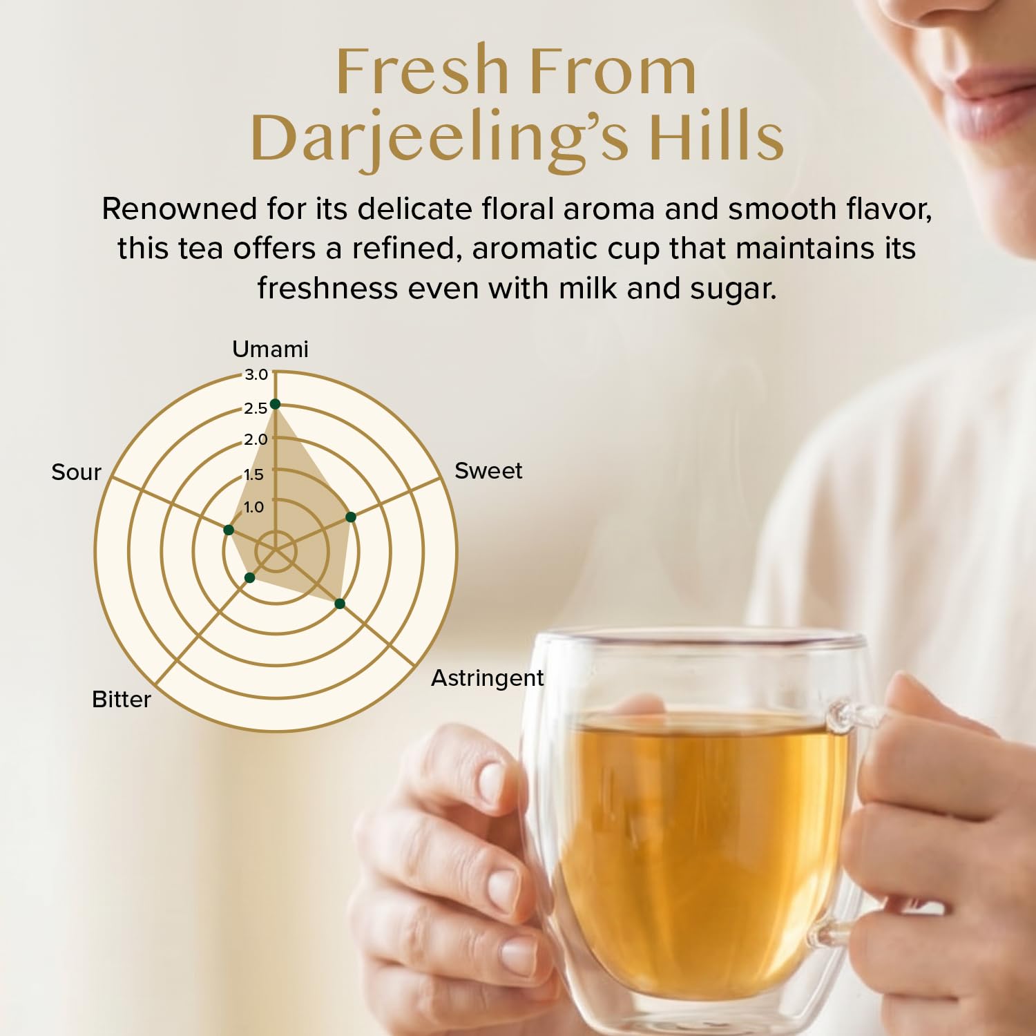 VAHDAM pouring brewed Darjeeling from teapot showing clear liquor benefit