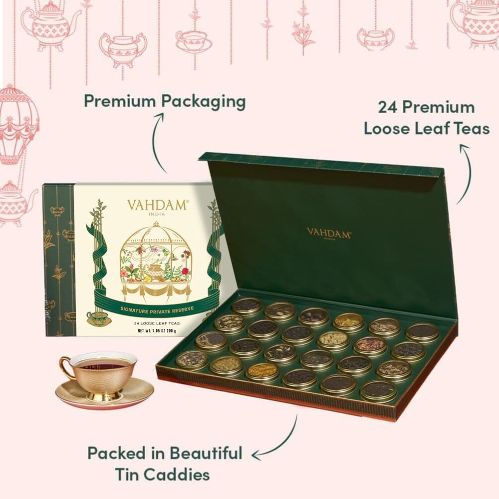 VAHDAM tin caddy close-up showing sealed metal can for freshness benefit