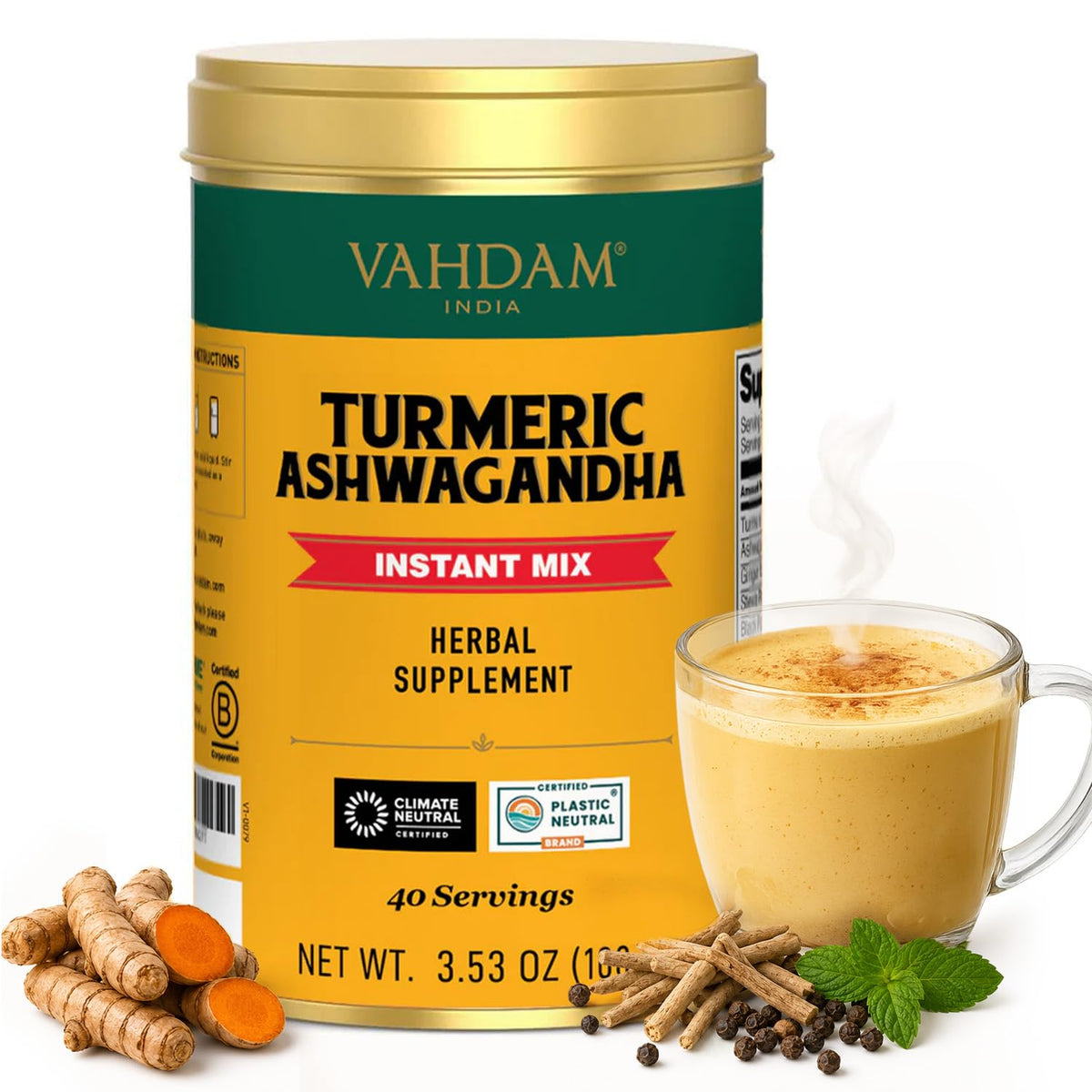 VAHDAM front packaging of turmeric ashwagandha latte mix showing jar and label benefits