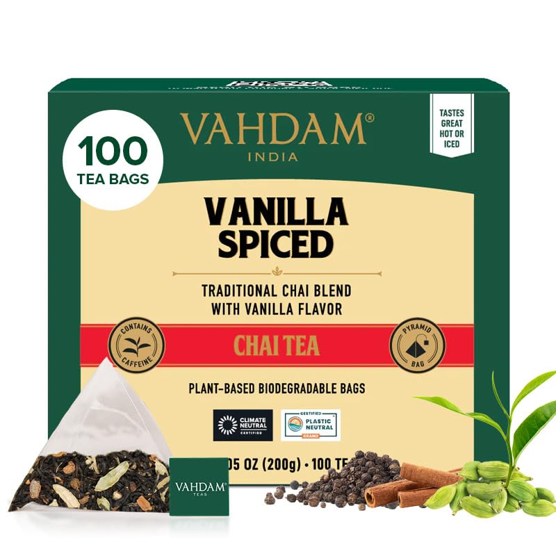 VAHDAM front packaging showing vanilla chai pouch and brand