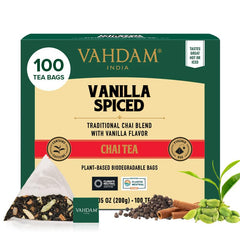 VAHDAM front packaging showing vanilla chai pouch and brand