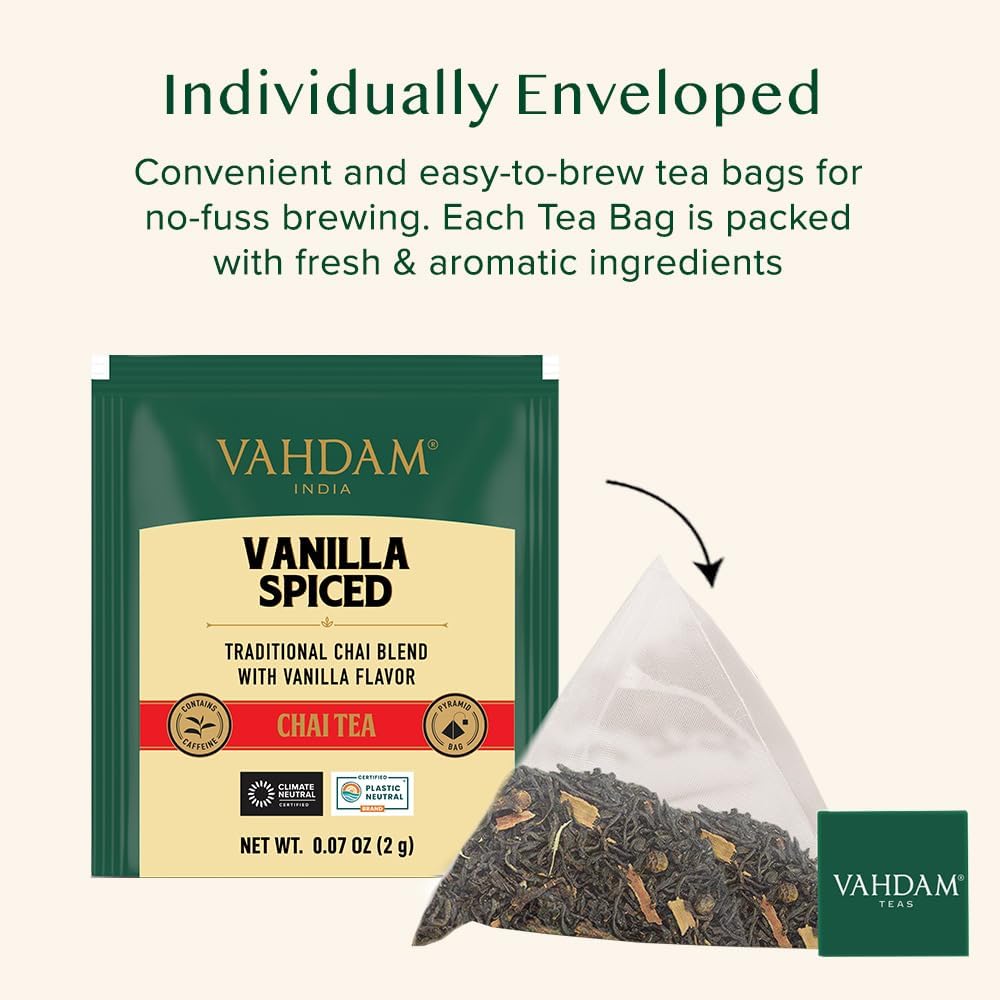 VAHDAM individually wrapped teabag demonstrating travel-friendly freshness