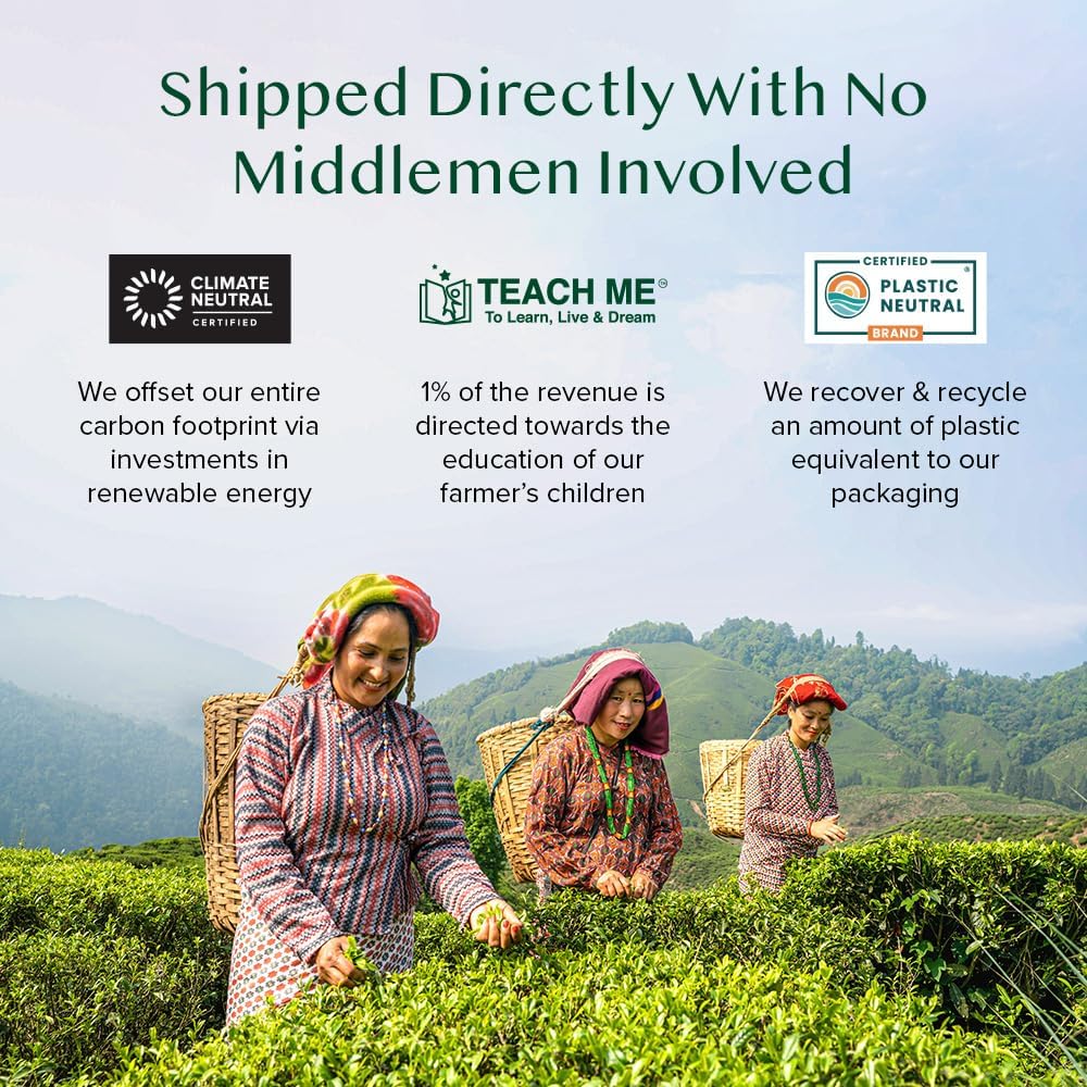 VAHDAM product label close-up showing sourcing and ethical claims