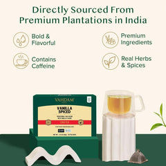 VAHDAM tea leaves with cinnamon and clove highlighting natural spices
