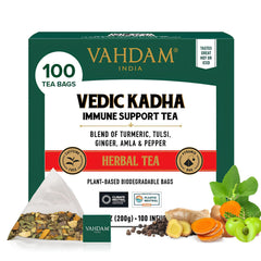 VAHDAM front packaging showing Vedic Kadha box and count benefits