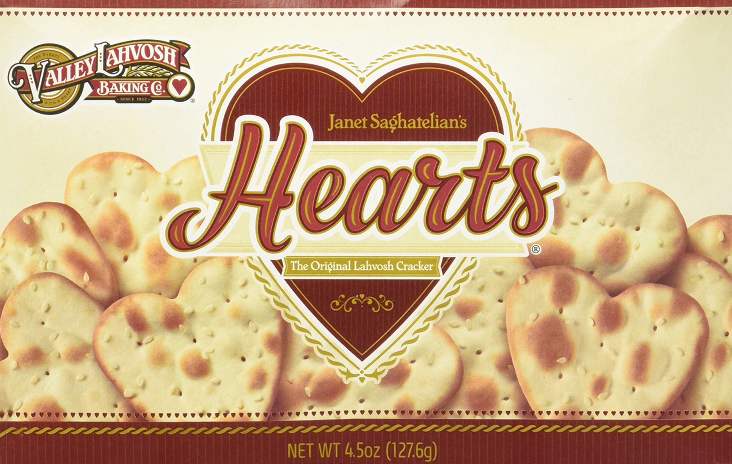 Valley Lahvosh front packaging showing four 4.5 oz heart cracker packs and portioning benefit
