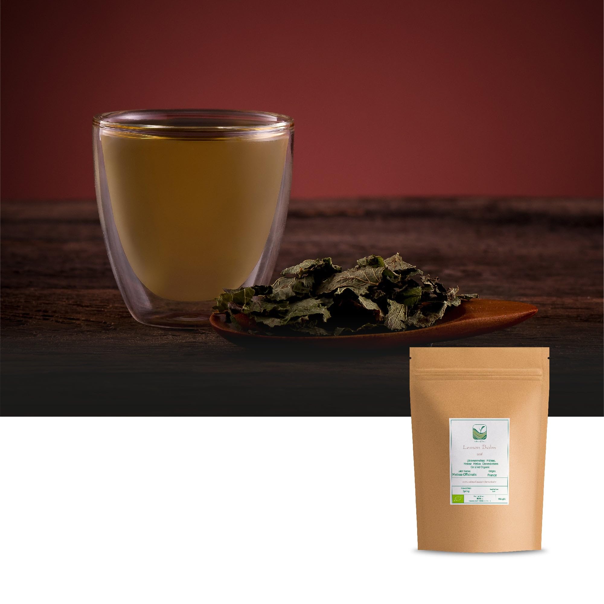 Valley of Tea brewed lemon balm tea in cup showing bright color and aroma