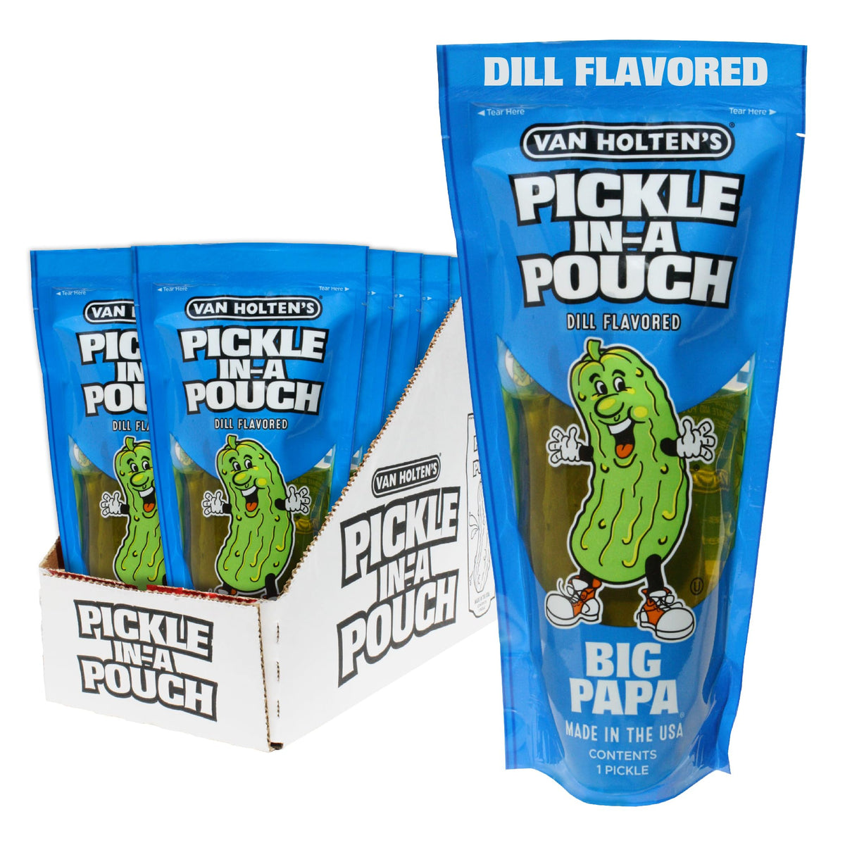 Van Holten's front packaging showing Big Papa pickle and 12-pack convenience