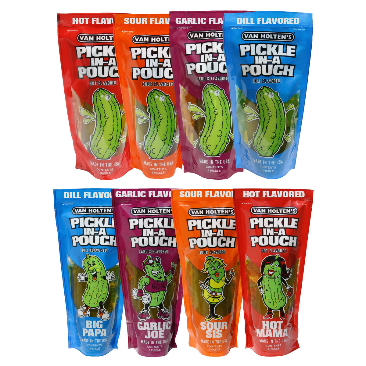 Van Holten's front box shot showing assorted pickle pouches, convenient variety
