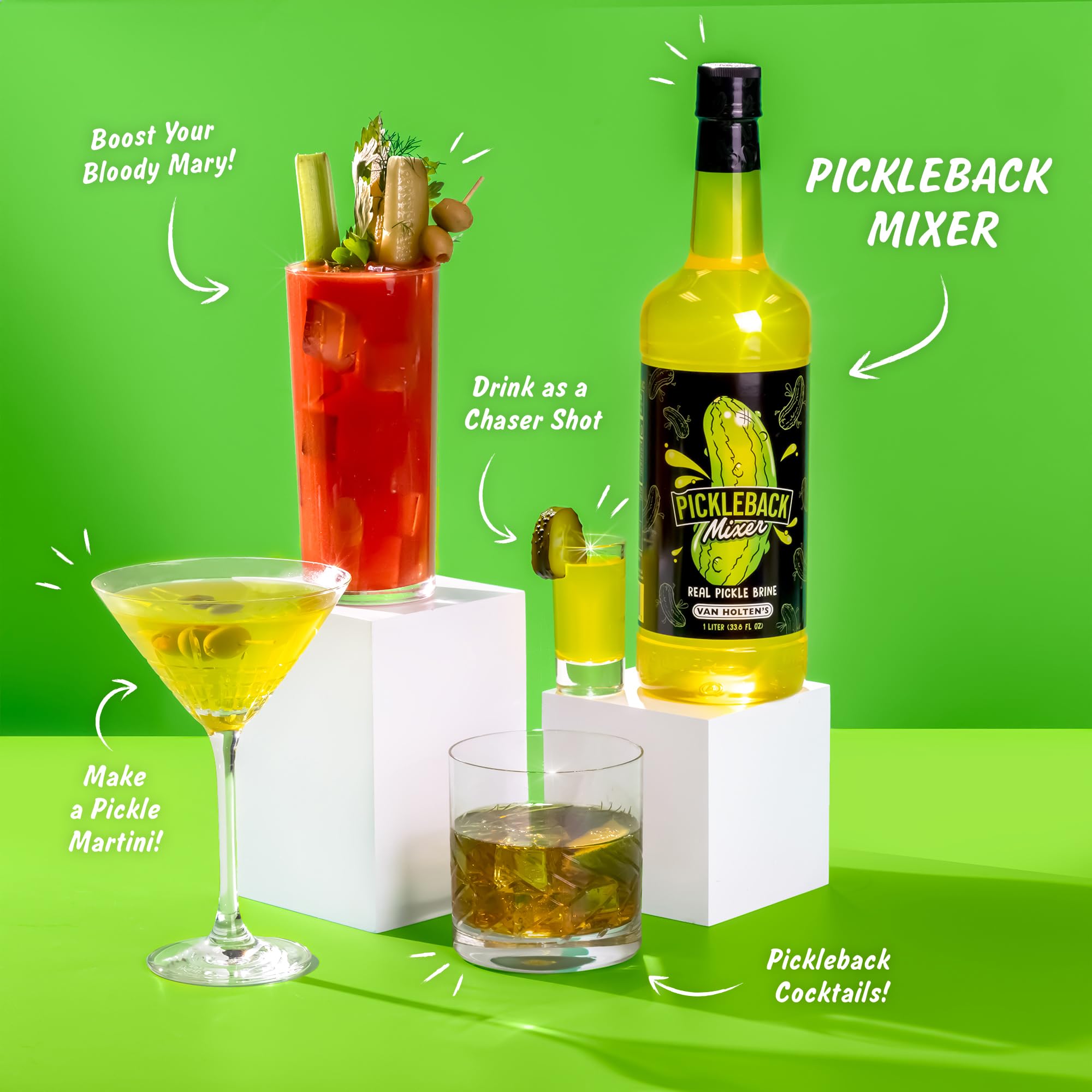 Van Holten's brine pouring into shot glass shows serving idea and bold flavor benefit