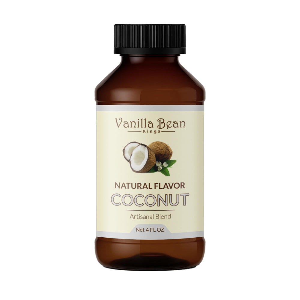 Vanilla Bean Kings front label showing 4 oz bottle and premium coconut branding benefit