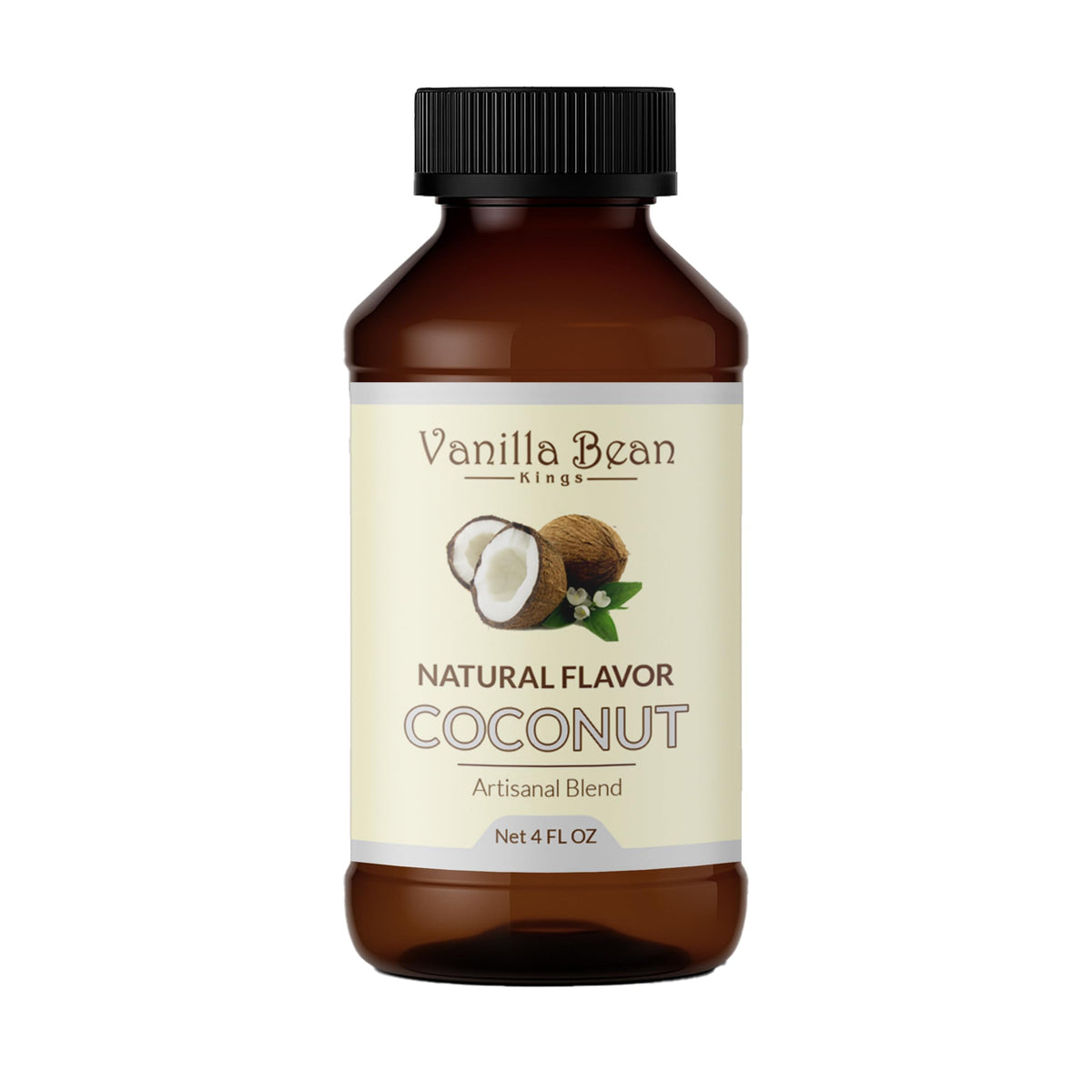 Vanilla Bean Kings front label showing 4 oz bottle and premium coconut branding benefit