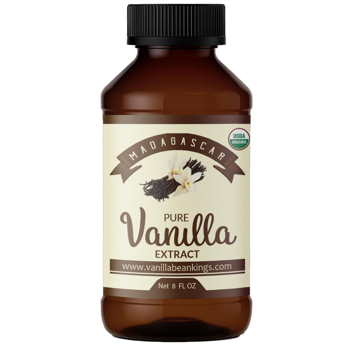 Vanilla Bean Kings front bottle showing 8 fl oz organic extract and premium packaging