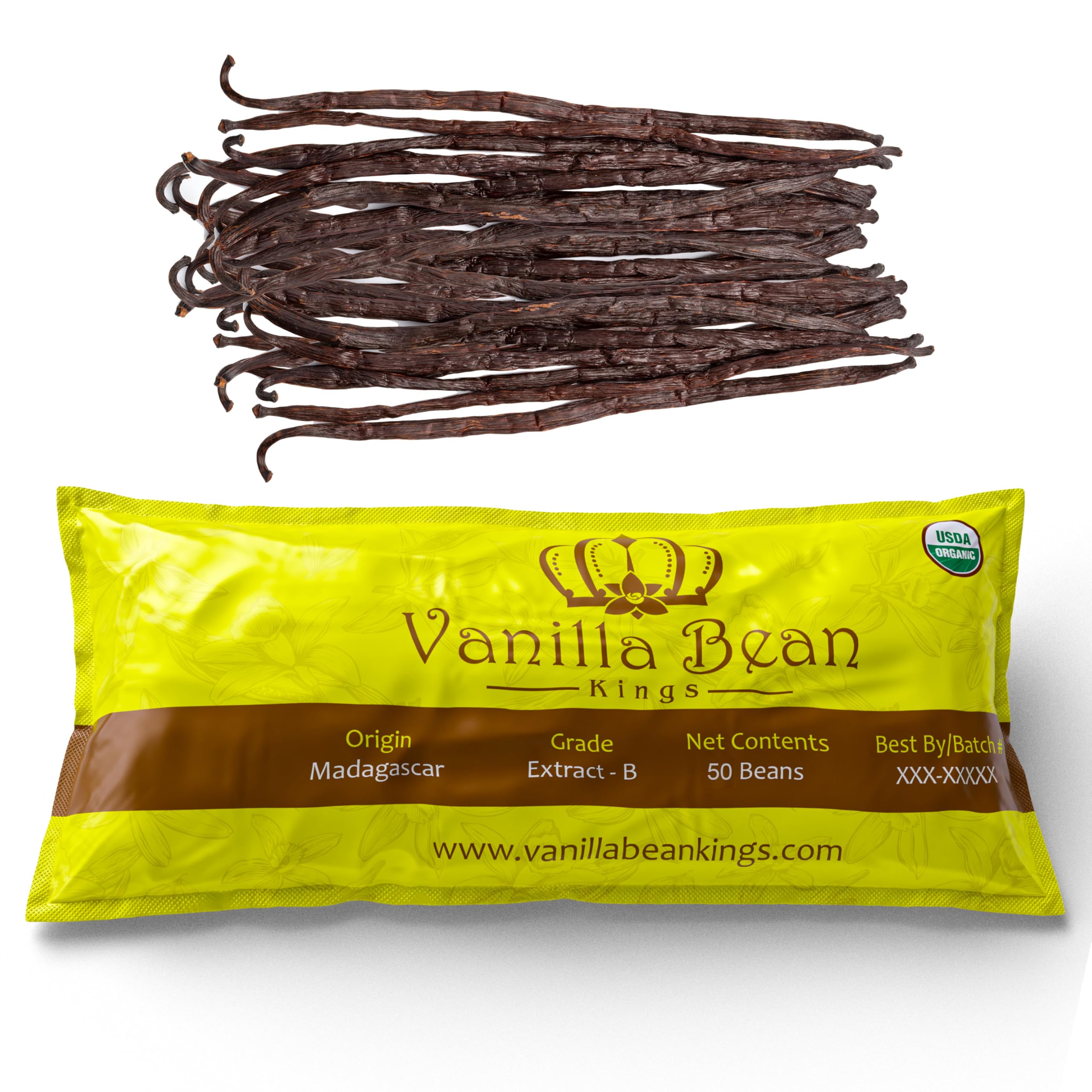 Vanilla Bean Kings front packaging showing 50 organic Madagascar pods and bulk benefit