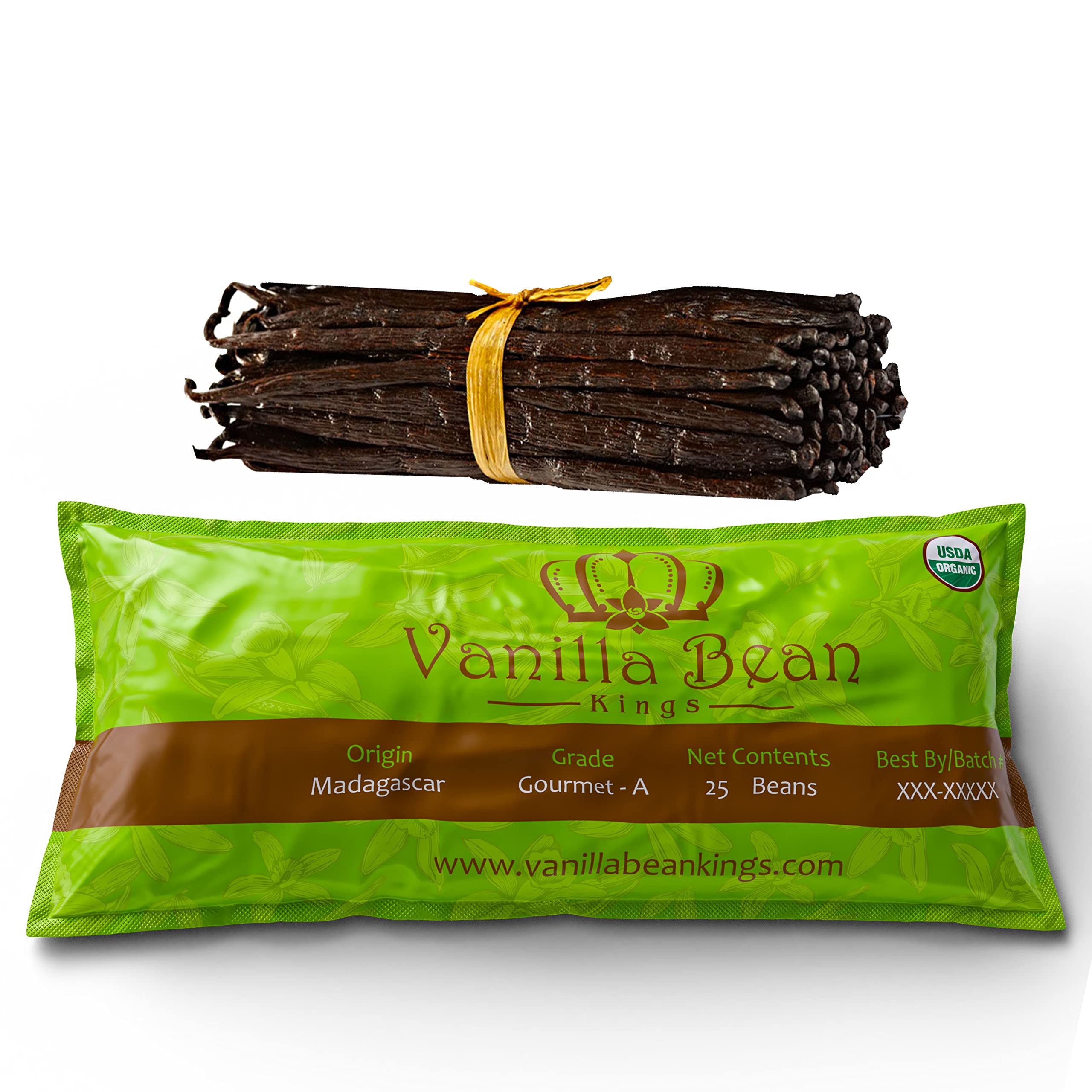 Vanilla Bean Kings front packaging of 25 organic Madagascar pods showcasing premium supply and freshness