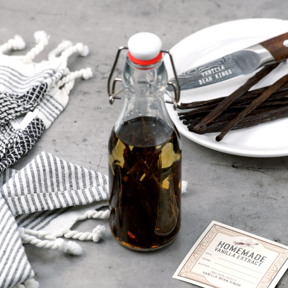Vanilla Bean Kings pods infusing in vodka to create homemade vanilla extract