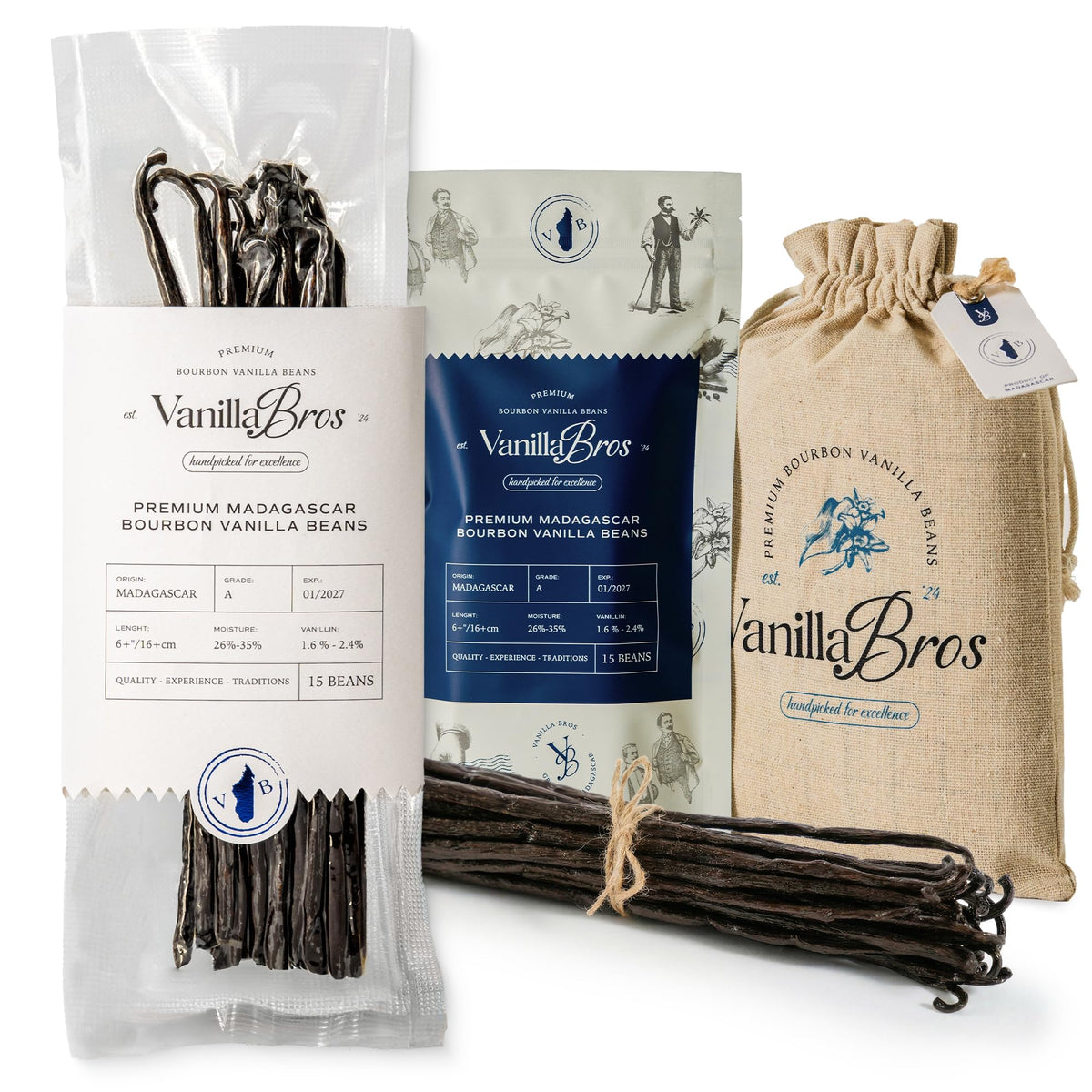 VanillaBros front packaging showing 15 Grade A pods and vacuum seal, premium freshness