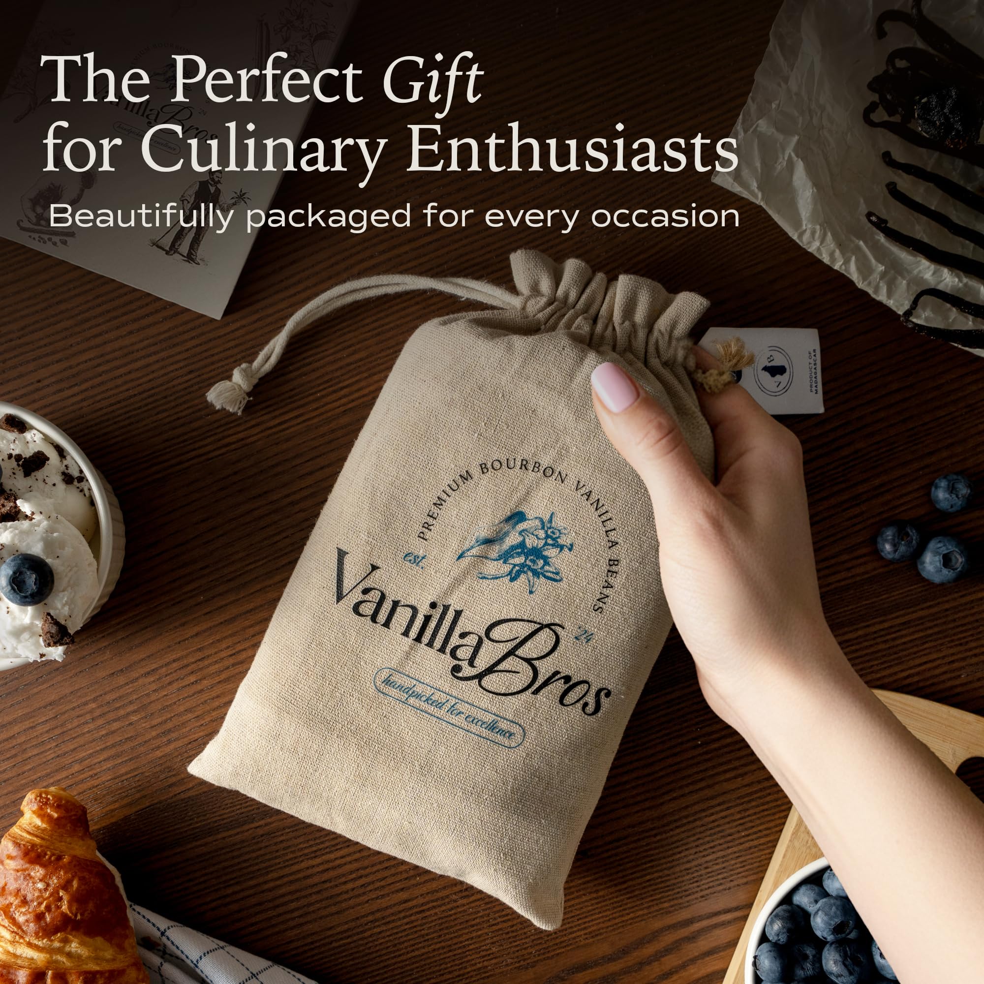 VanillaBros vanilla beans in kitchen baking scene, inspires artisan dessert making