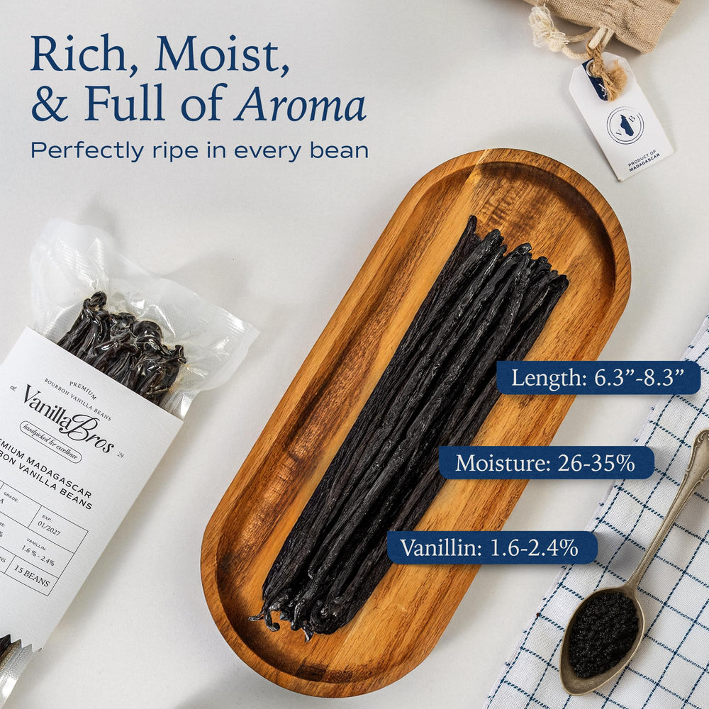 VanillaBros pods with ruler showing 6.3–8.3 inch length, consistent size for recipes