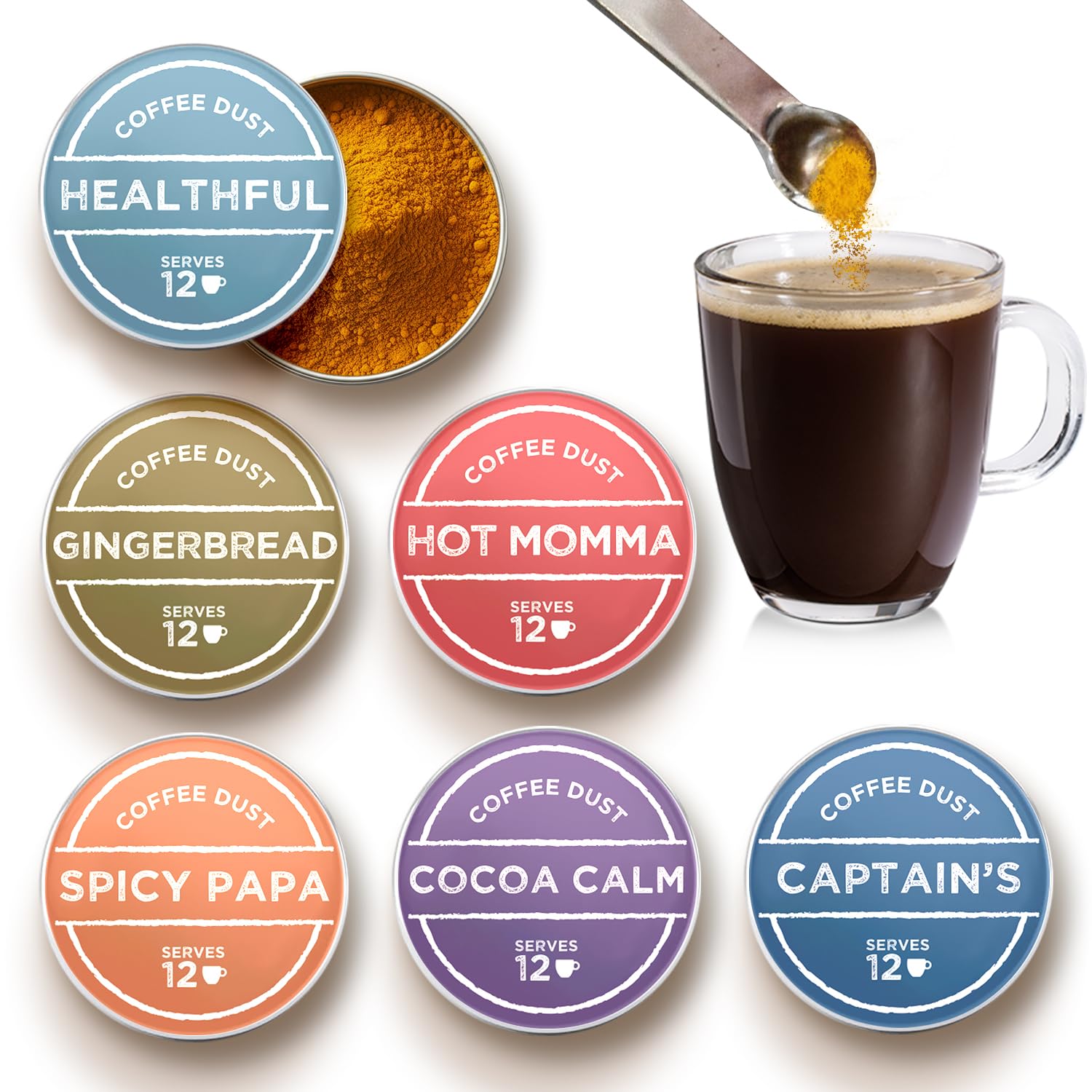 vashon coffee dust front packaging showing six-flavor sampler and servings benefit