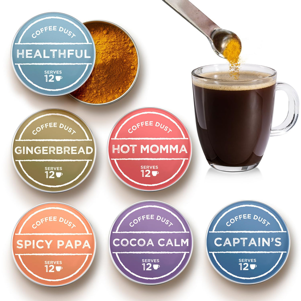 vashon coffee dust front packaging showing six-flavor sampler and servings benefit